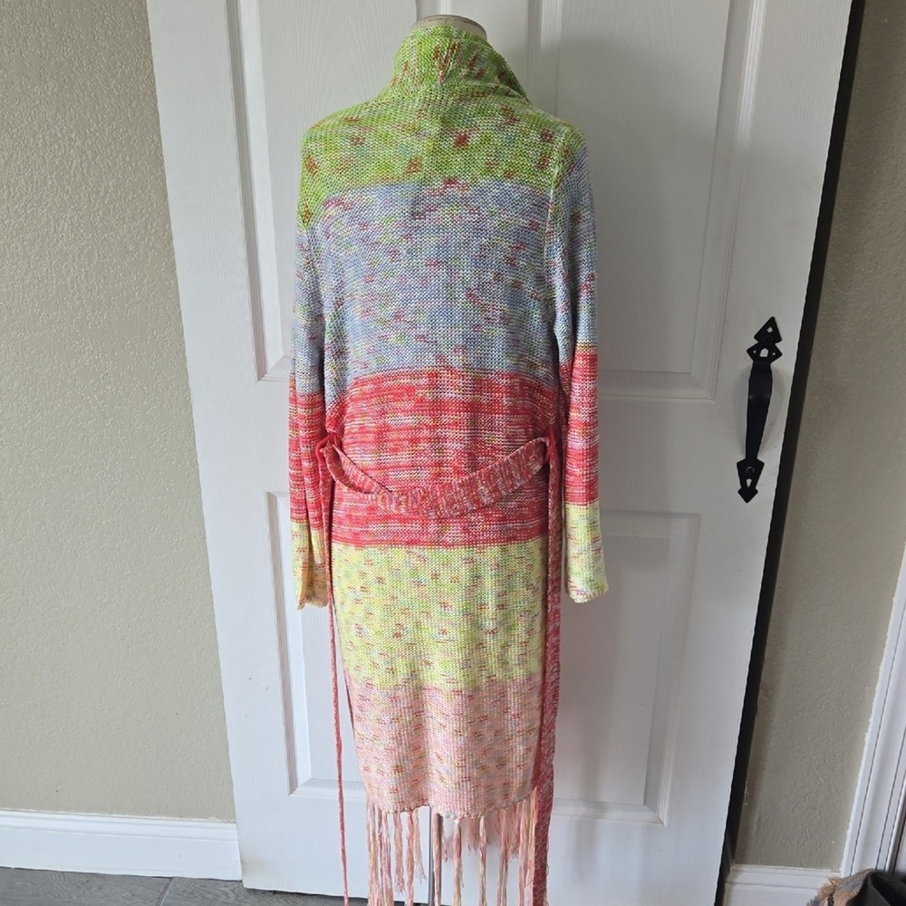 525 America Multi Color Space Dye Fringe Duster Cardigan Sweater Small Belted
